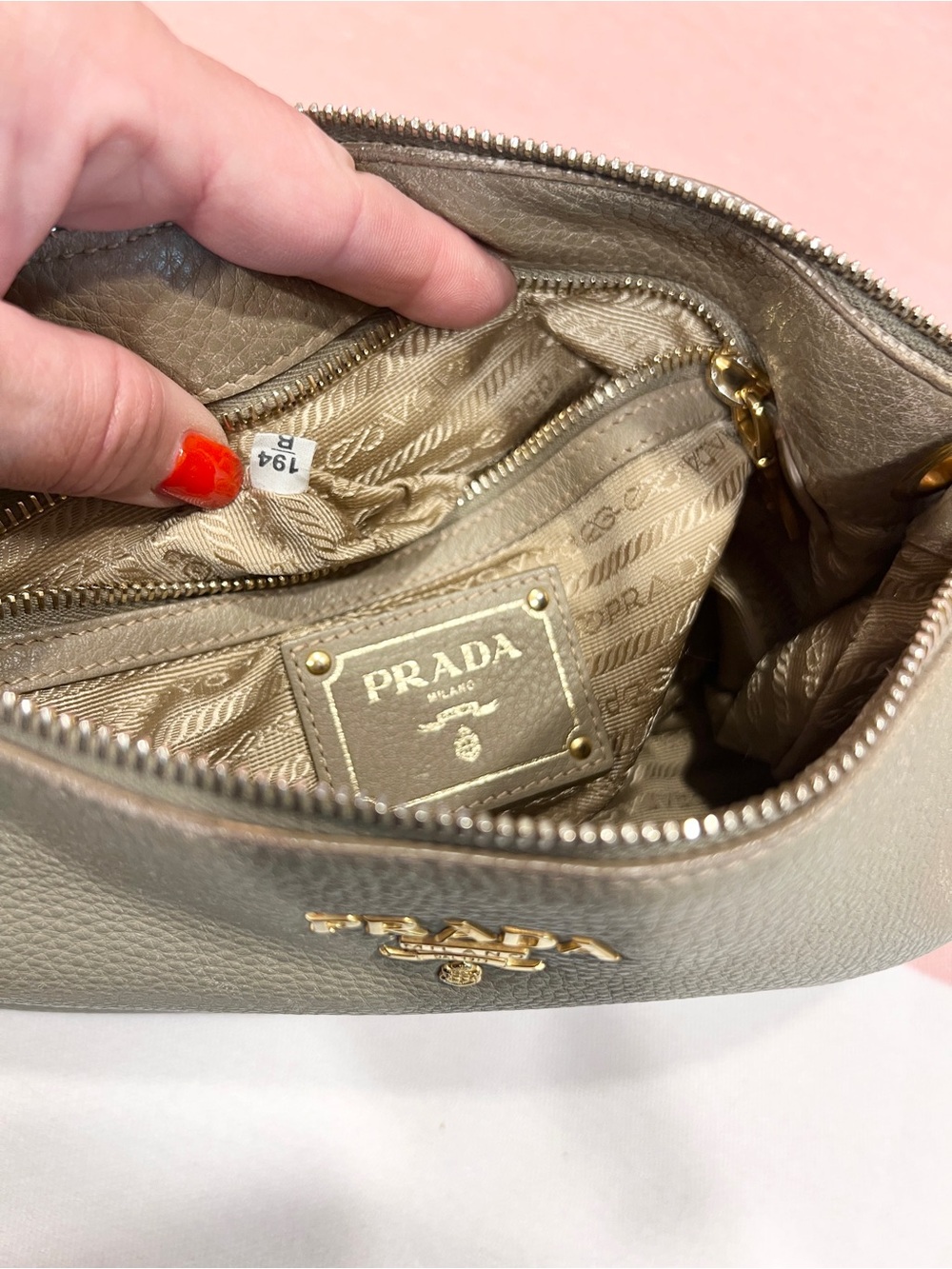 Prada🌟 Olive-Taupe Pebbled Leather Shoulder Bag with Gold Hardware - Picture 5 of 13